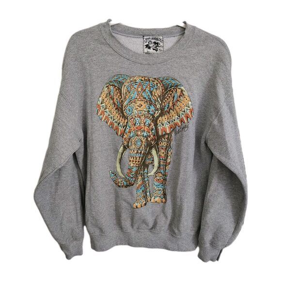 Riot Society Sweater Mens Medium Gray Elephant Crewneck Sweatshirt Tribal - Picture 1 of 8